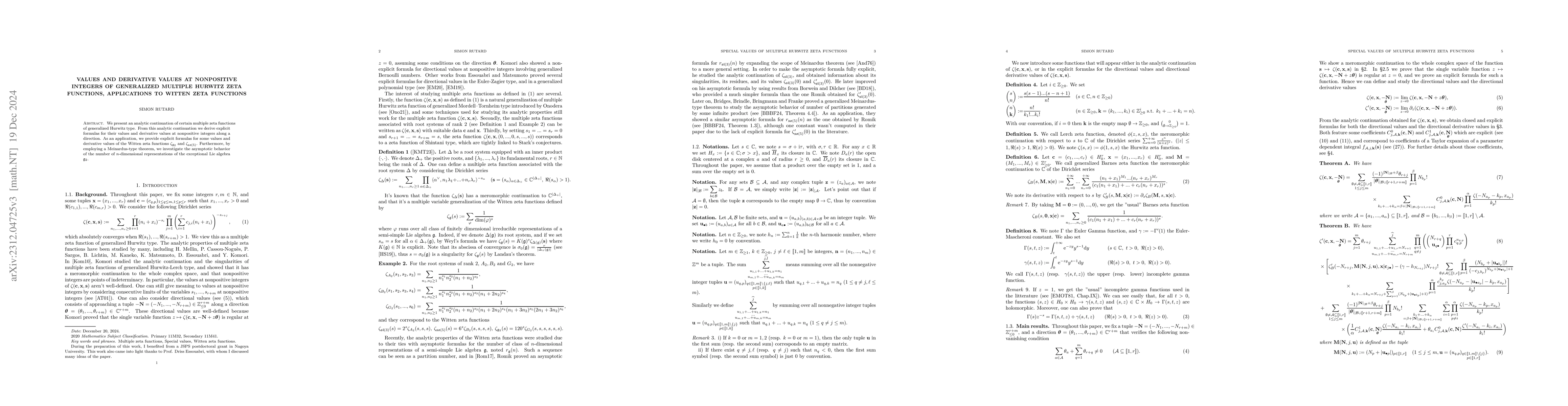 Thumbnail for Values and derivative values at nonpositive integers of generalized
  multiple Hurwitz zeta functions, applications to Witten zeta functions