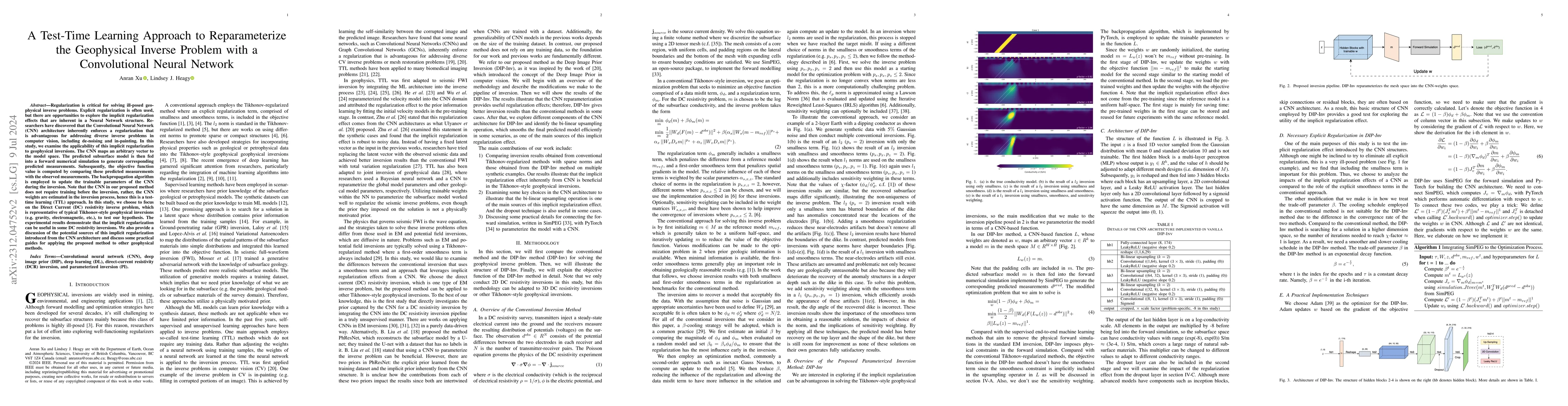Thumbnail for A Test-Time Learning Approach to Reparameterize the Geophysical Inverse
  Problem with a Convolutional Neural Network
