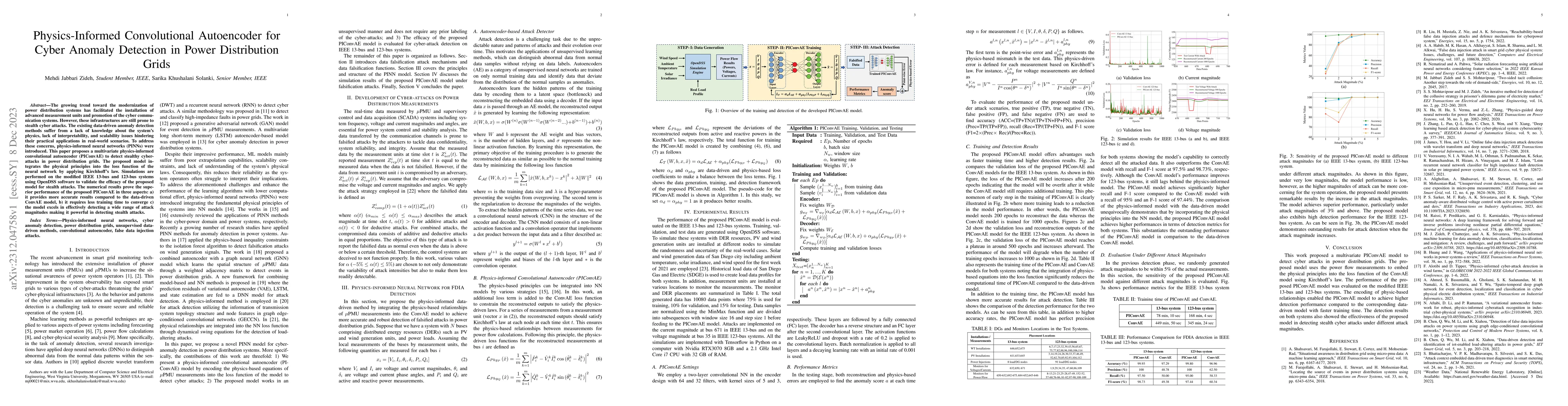 Thumbnail for Physics-Informed Convolutional Autoencoder for Cyber Anomaly Detection
  in Power Distribution Grids