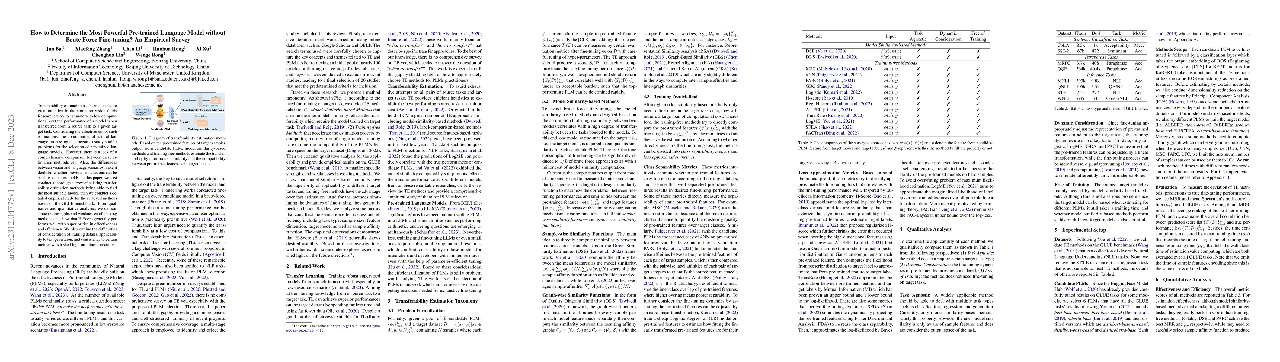 Thumbnail for How to Determine the Most Powerful Pre-trained Language Model without
  Brute Force Fine-tuning? An Empirical Survey