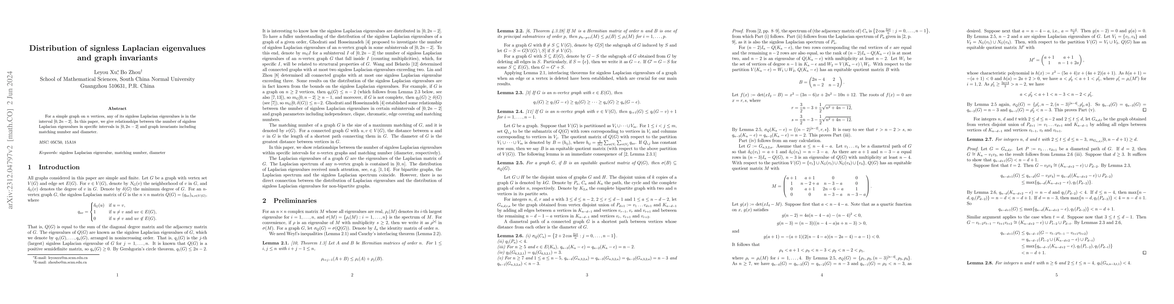 Thumbnail for Distribution of signless Laplacian eigenvalues and graph invariants