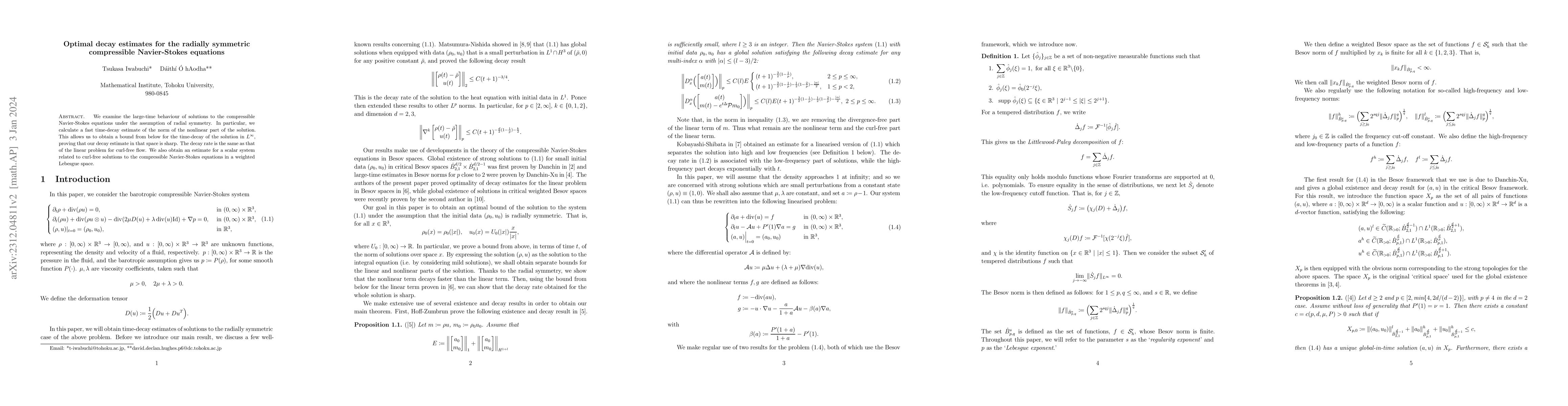 Thumbnail for Optimal Decay Estimates for the Radially Symmetric Compressible
  Navier-Stokes Equations