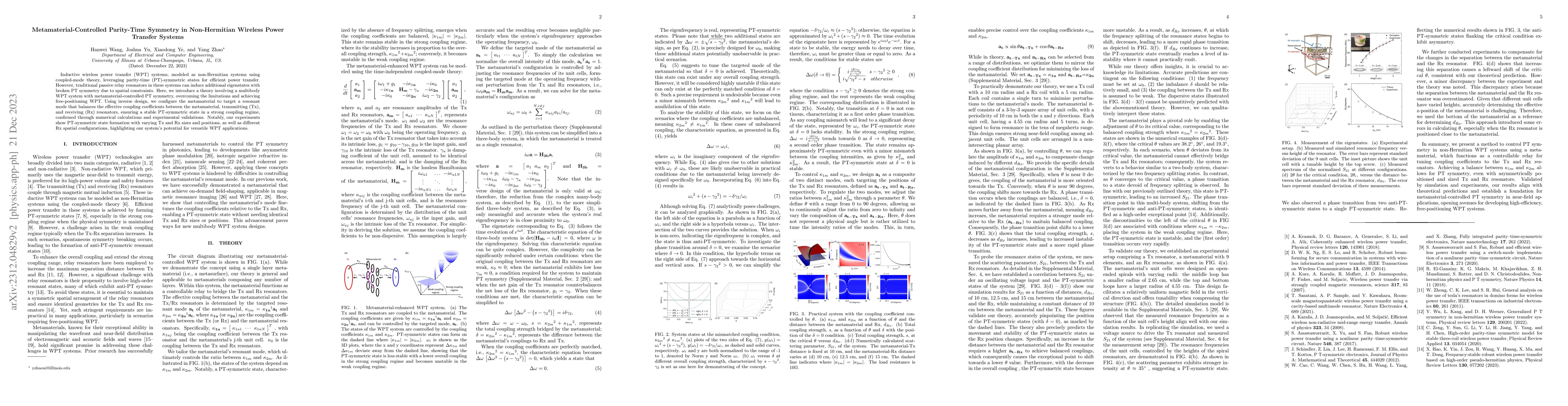 Thumbnail for Metamaterial-Controlled Parity-Time Symmetry in Non-Hermitian Wireless
  Power Transfer Systems