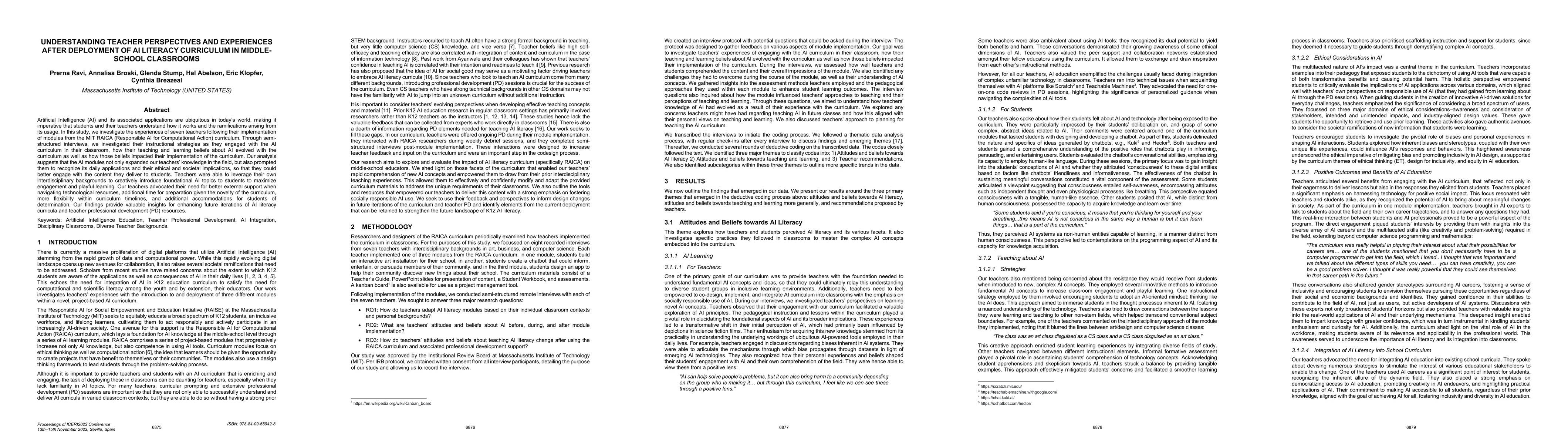 Thumbnail for Understanding Teacher Perspectives and Experiences after Deployment of
  AI Literacy Curriculum in Middle-school Classrooms