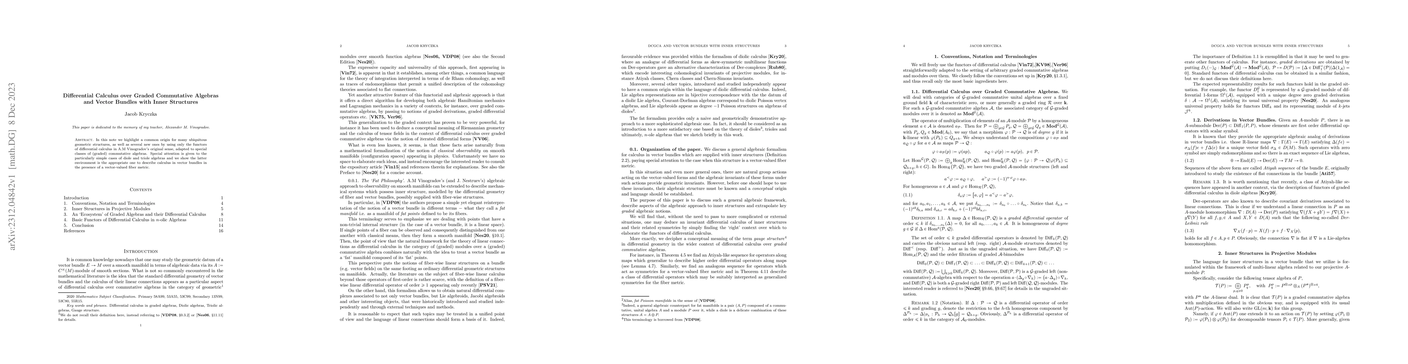 Thumbnail for Differential Calculus over Graded Commutative Algebras and Vector
  Bundles with Inner Structures