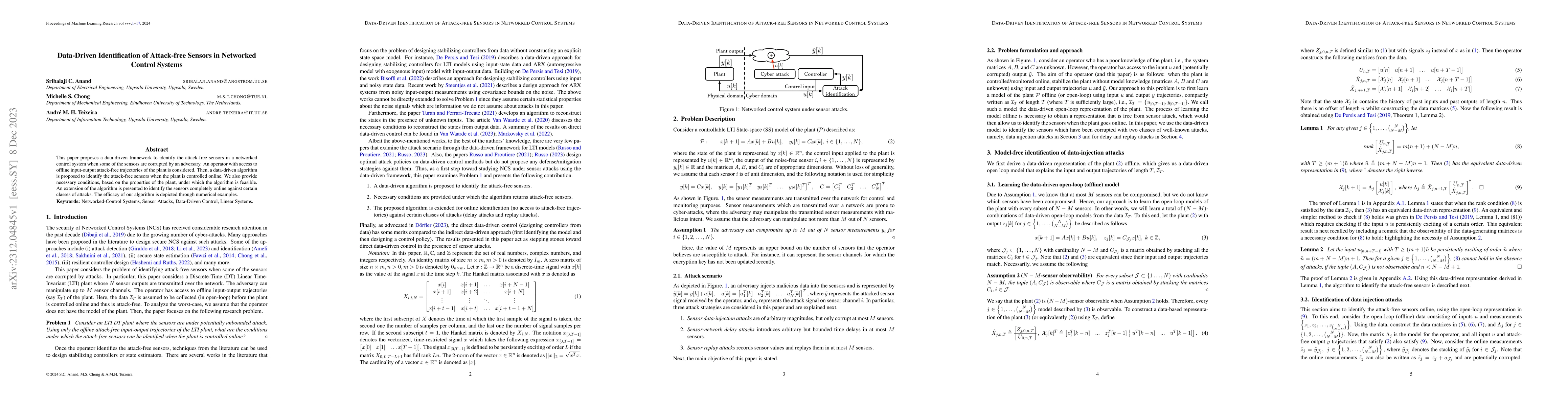Thumbnail for Data-Driven Identification of Attack-free Sensors in Networked Control
  Systems