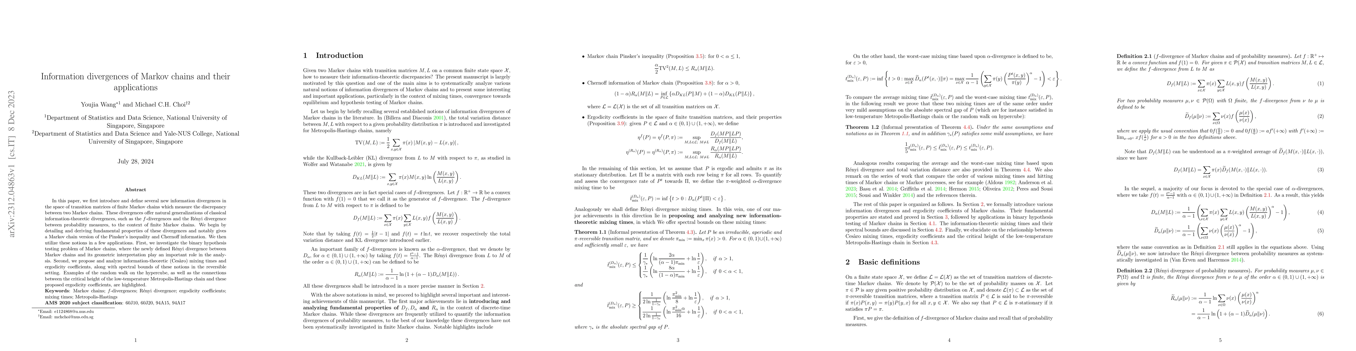 Thumbnail for Information divergences of Markov chains and their applications