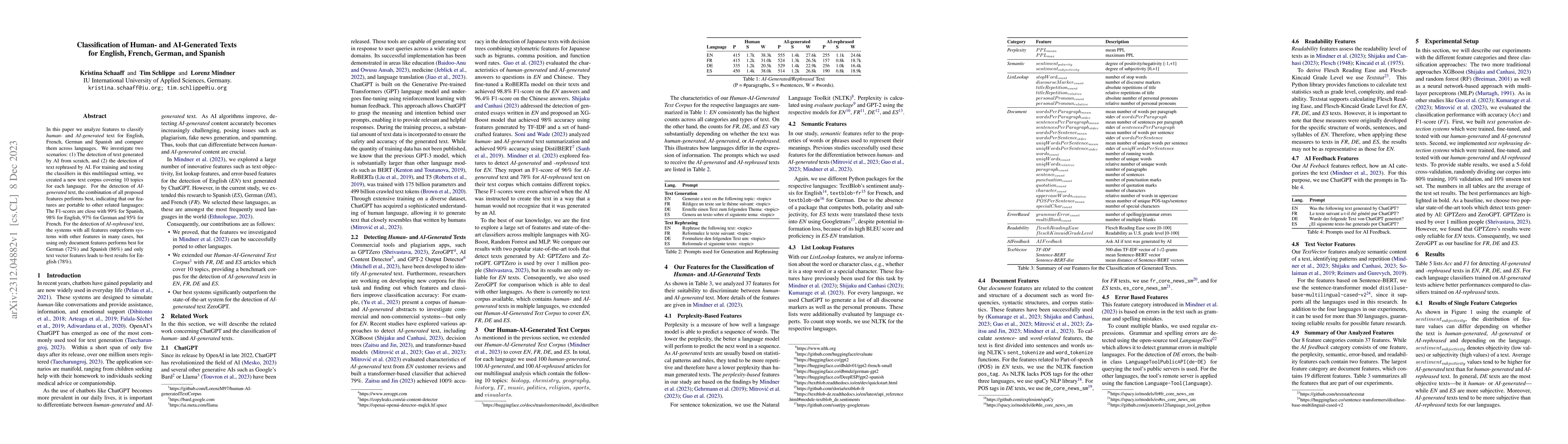 Thumbnail for Classification of Human- and AI-Generated Texts for English, French,
  German, and Spanish