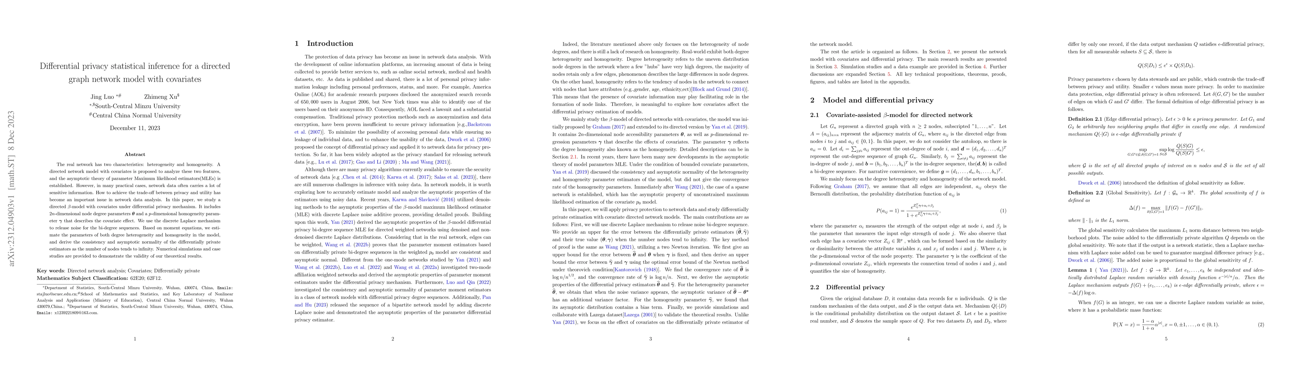 Thumbnail for Differential privacy statistical inference for a directed graph network
  model with covariates