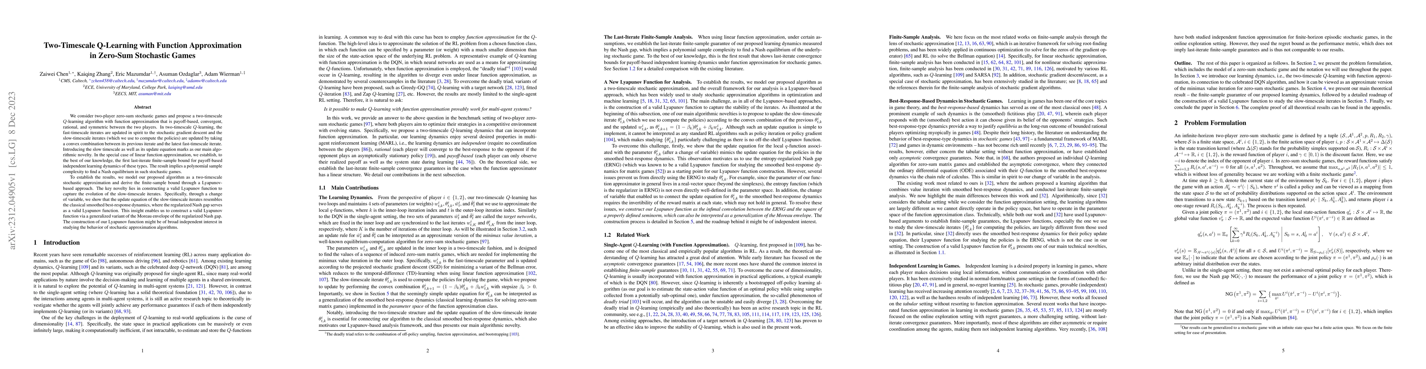 Thumbnail for Two-Timescale Q-Learning with Function Approximation in Zero-Sum
  Stochastic Games