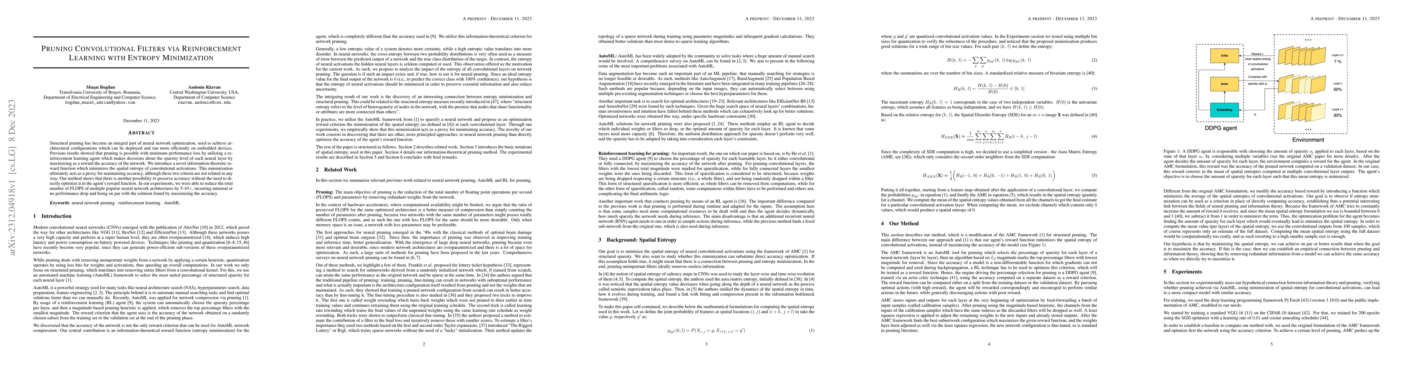Thumbnail for Pruning Convolutional Filters via Reinforcement Learning with Entropy
  Minimization