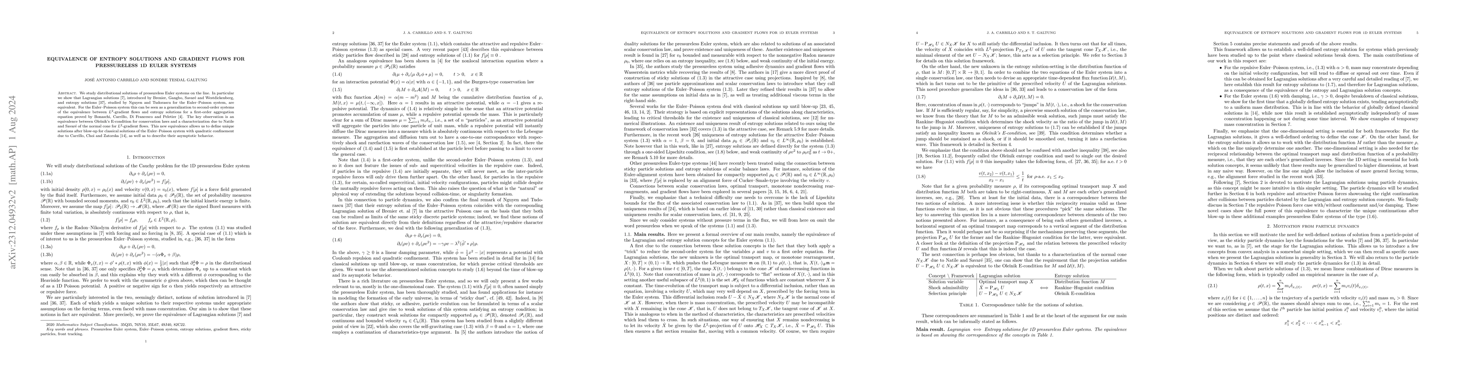 Thumbnail for Equivalence of entropy solutions and gradient flows for pressureless 1D
  Euler systems