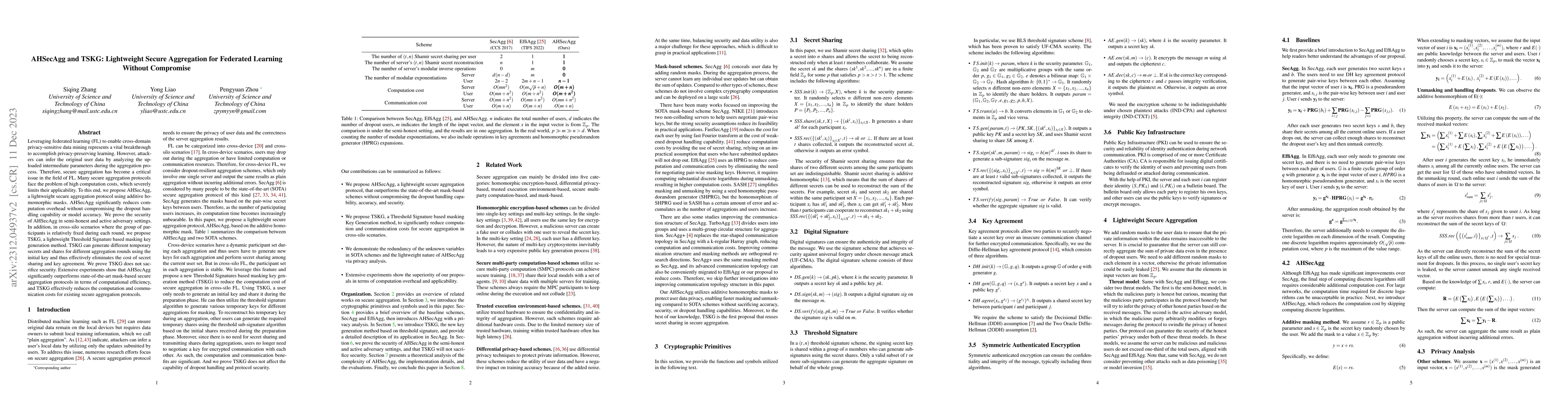 Thumbnail for AHSecAgg and TSKG: Lightweight Secure Aggregation for Federated Learning
  Without Compromise