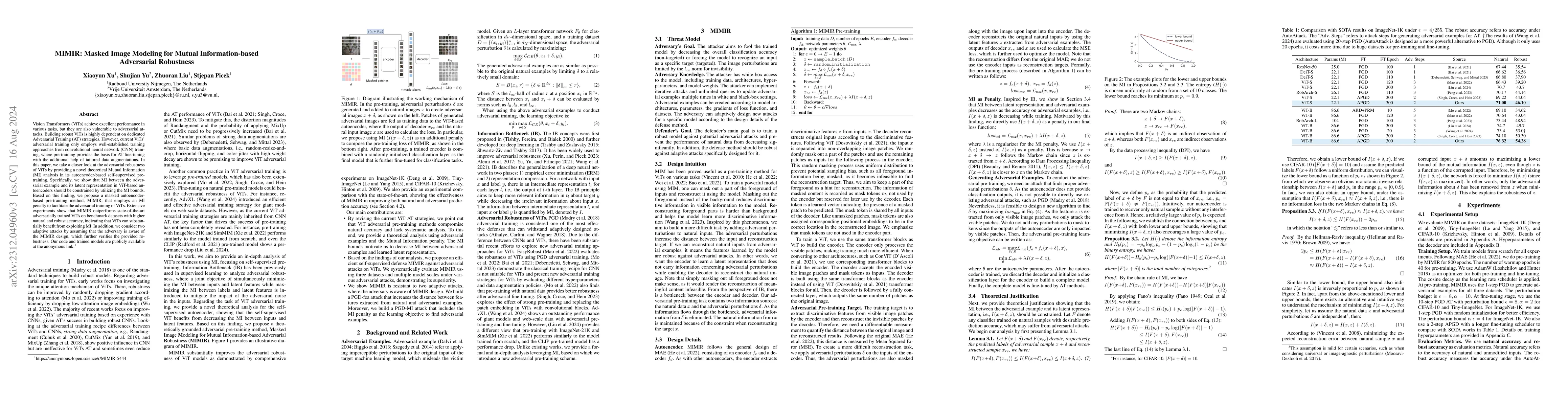 Thumbnail for MIMIR: Masked Image Modeling for Mutual Information-based Adversarial
  Robustness