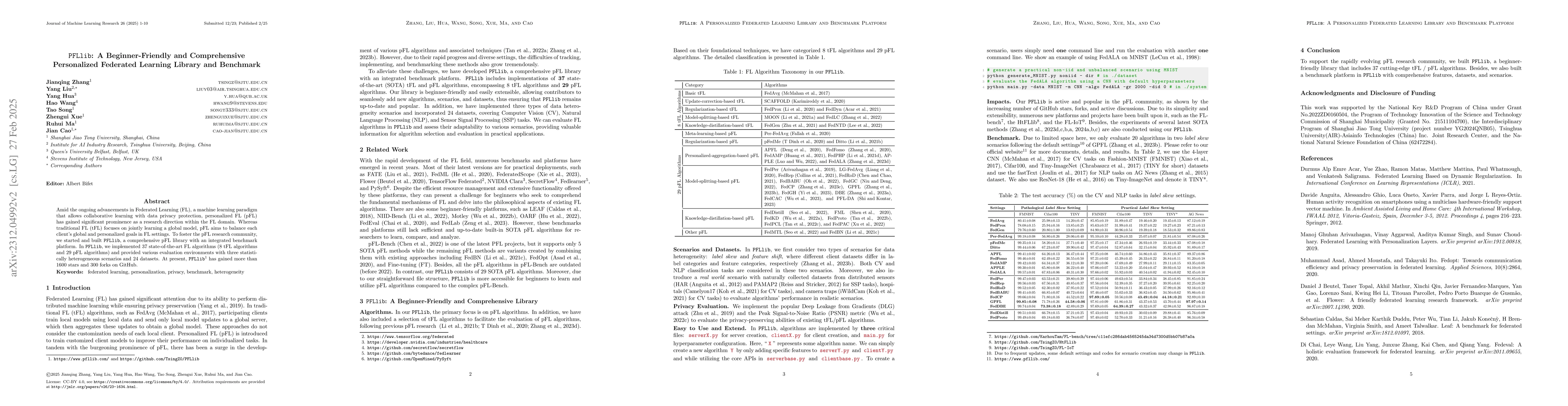 Thumbnail for PFLlib: Personalized Federated Learning Algorithm Library