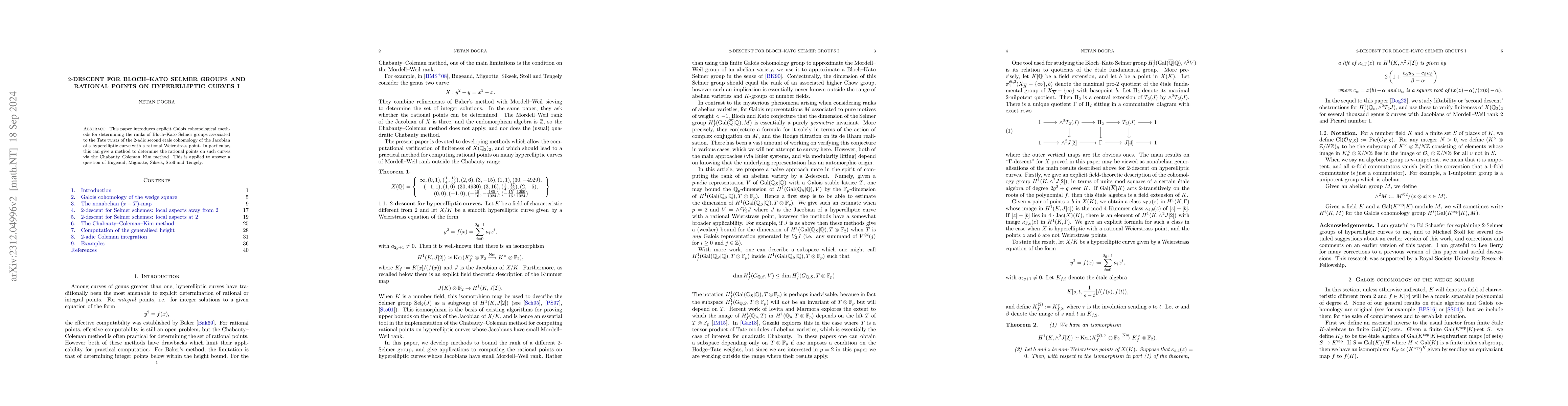 Thumbnail for 2-descent for Bloch--Kato Selmer groups and rational points on
  hyperelliptic curves I