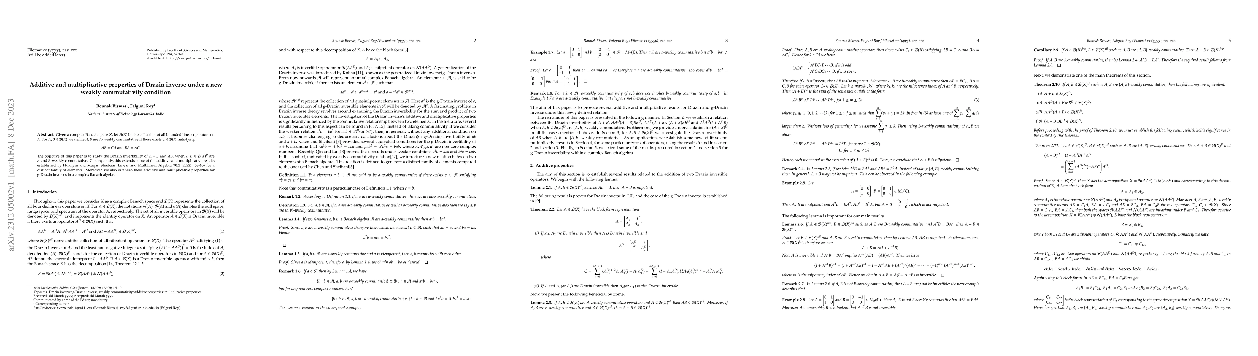 Thumbnail for Additive and multiplicative properties of Drazin inverse under new
  weakly commutativity condition