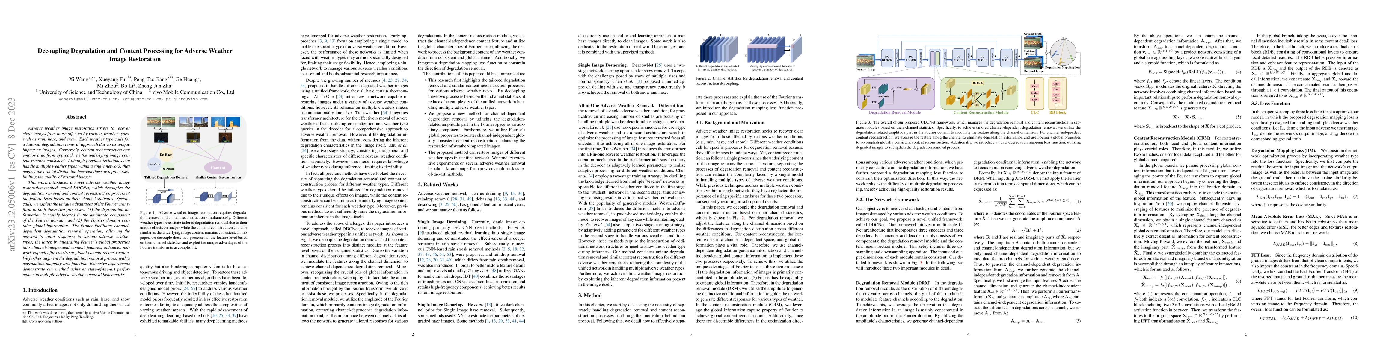 Thumbnail for Decoupling Degradation and Content Processing for Adverse Weather Image
  Restoration