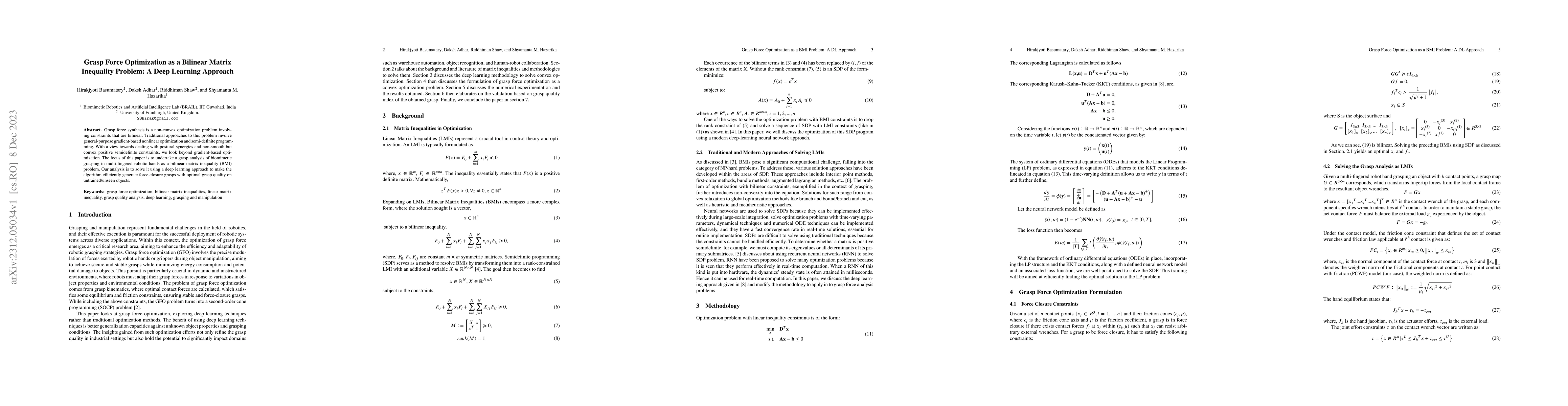 Thumbnail for Grasp Force Optimization as a Bilinear Matrix Inequality Problem: A Deep
  Learning Approach