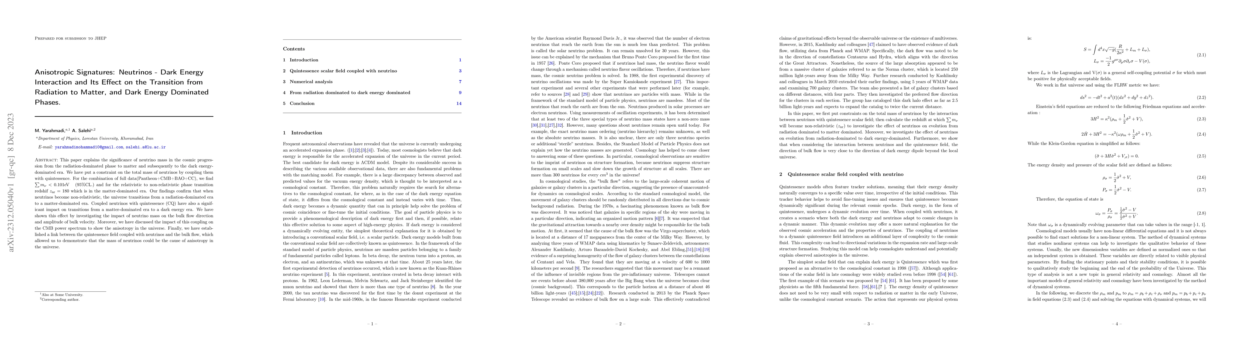 Thumbnail for Anisotropic Signatures: Neutrinos -- Dark Energy Interaction and Its
  Effect on the Transition from Radiation to Matter, and Dark Energy Dominated
  Phases