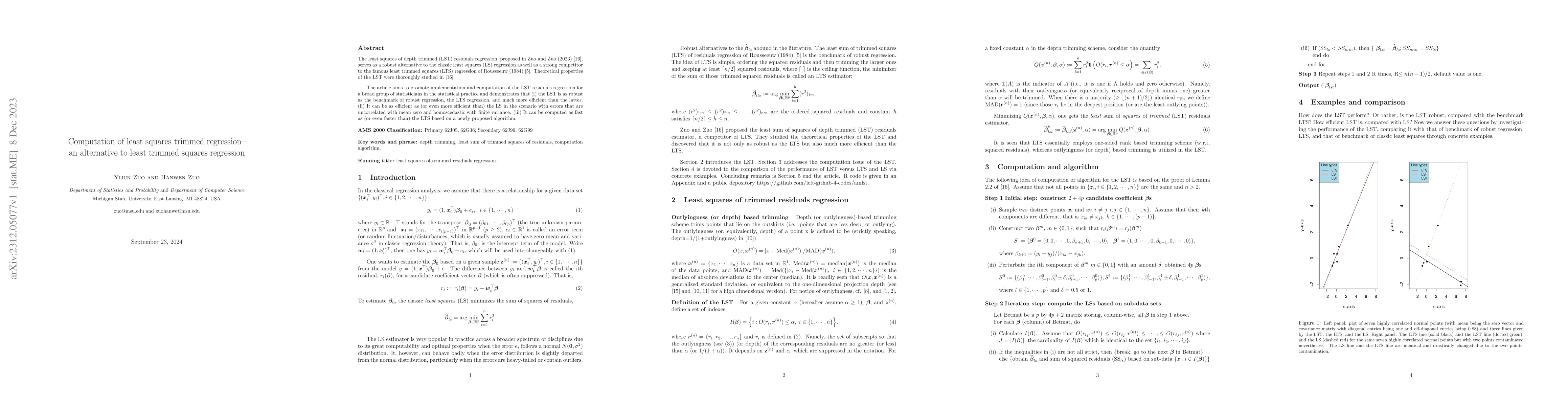Thumbnail for Computation of least squares trimmed regression--an alternative to least
  trimmed squares regression