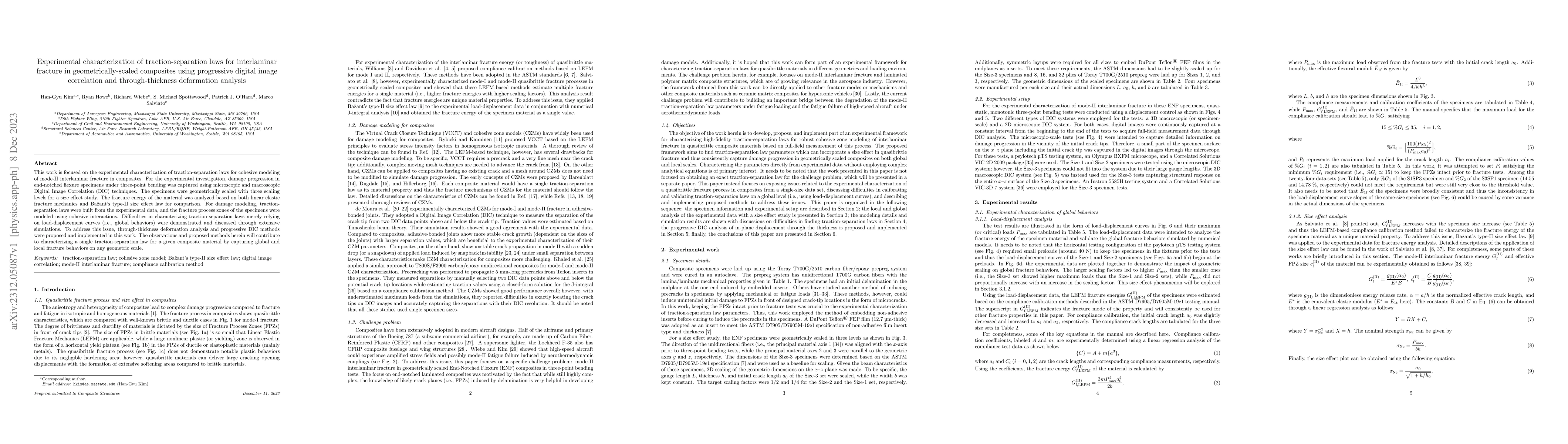 Thumbnail for Experimental characterization of traction-separation laws for
  interlaminar fracture in geometrically-scaled composites using progressive
  digital image correlation and through-thickness deformation analysis