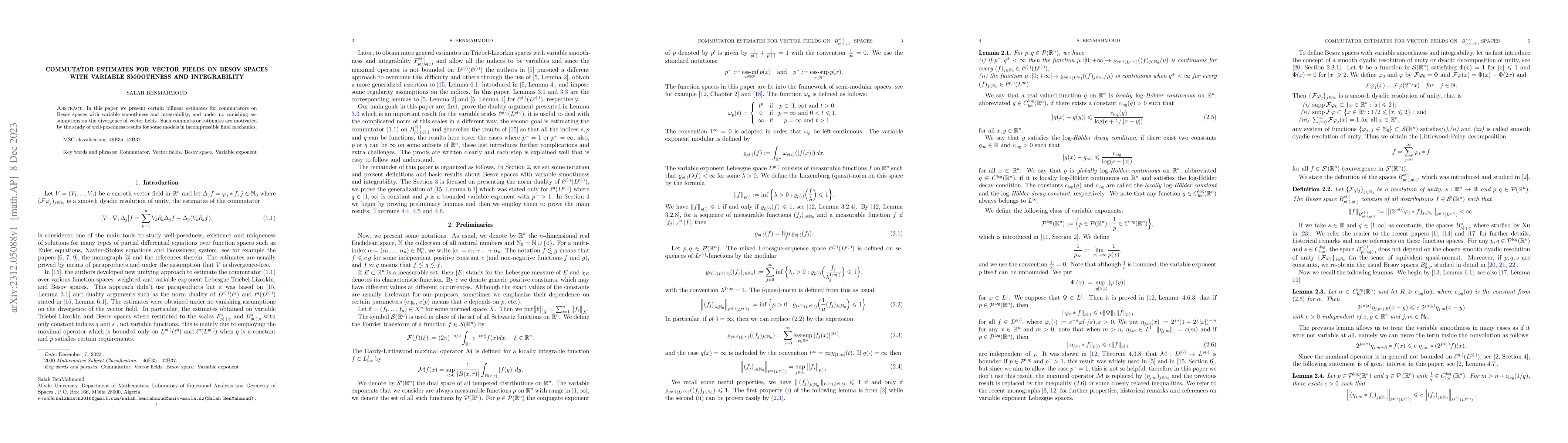 Thumbnail for Commutator estimates for vector fields on Besov spaces with variable
  smoothness and integrability