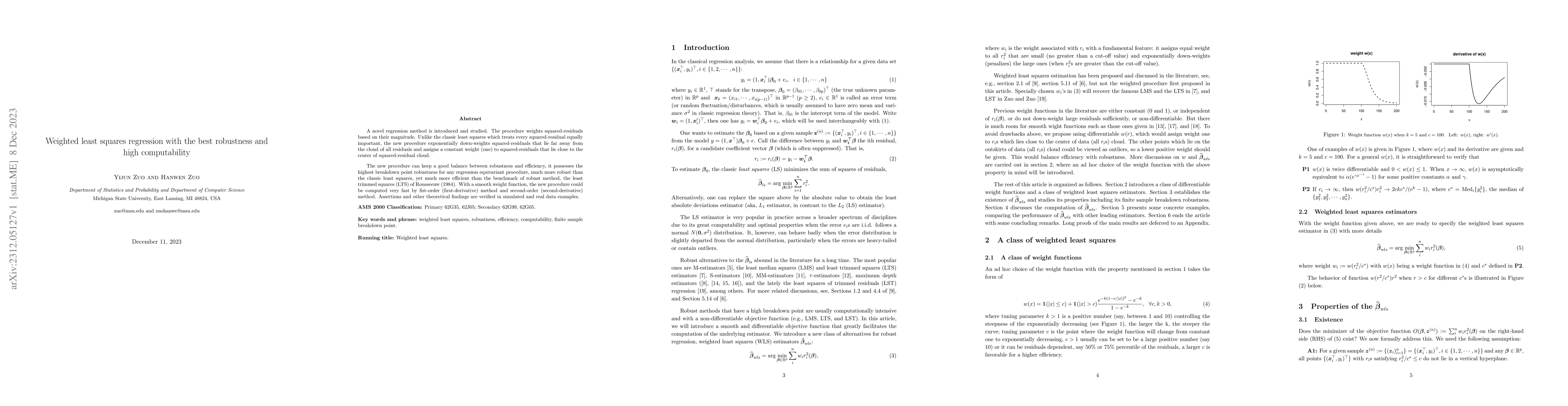 Thumbnail for Weighted least squares regression with the best robustness and high
  computability