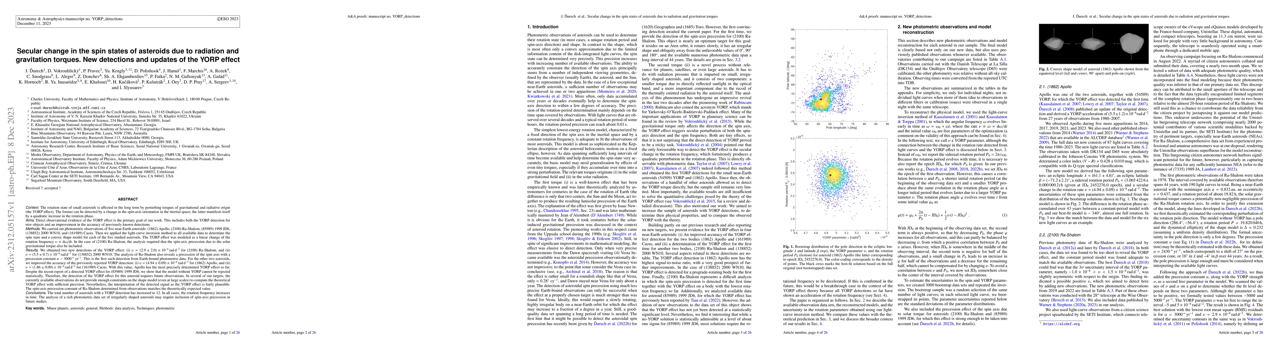 Thumbnail for Secular change in the spin states of asteroids due to radiation and
  gravitation torques. New detections and updates of the YORP effect