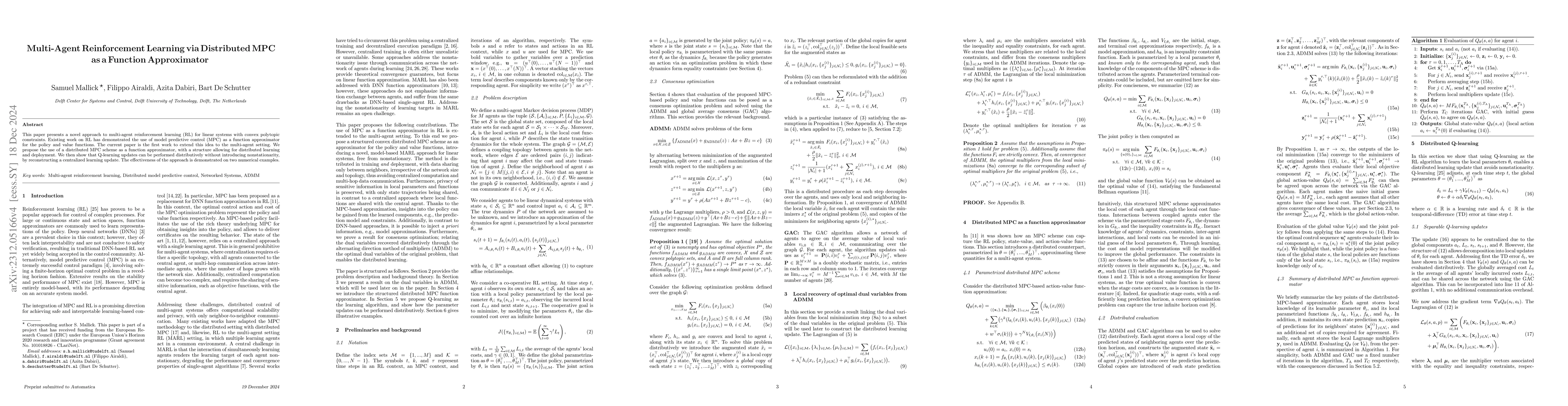 Thumbnail for Multi-Agent Reinforcement Learning via Distributed MPC as a Function
  Approximator