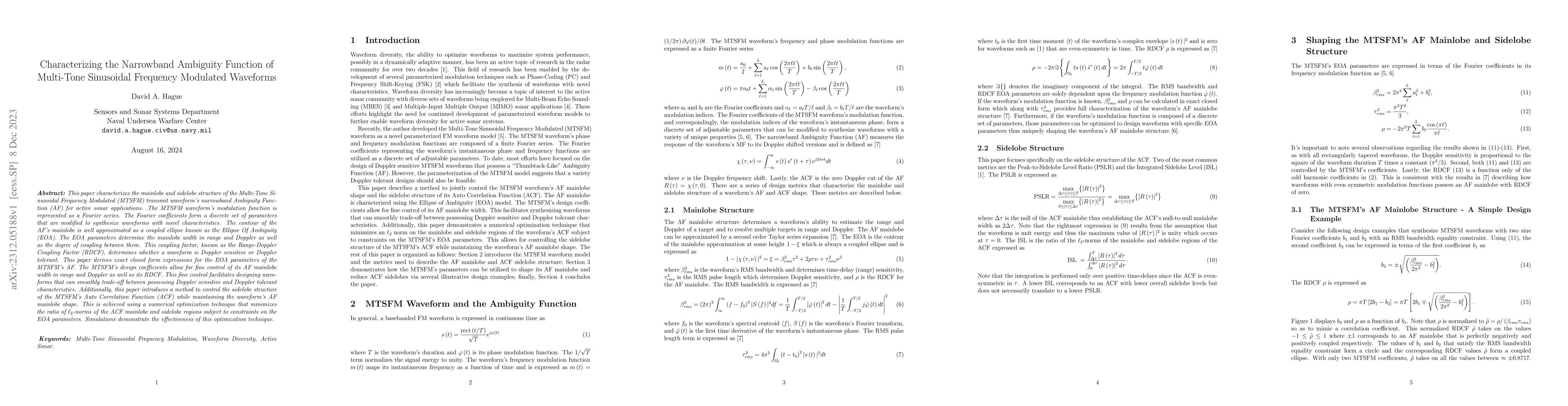 Thumbnail for Characterizing the Narrowband Ambiguity Function of Multi-Tone
  Sinusoidal Frequency Modulated Waveforms