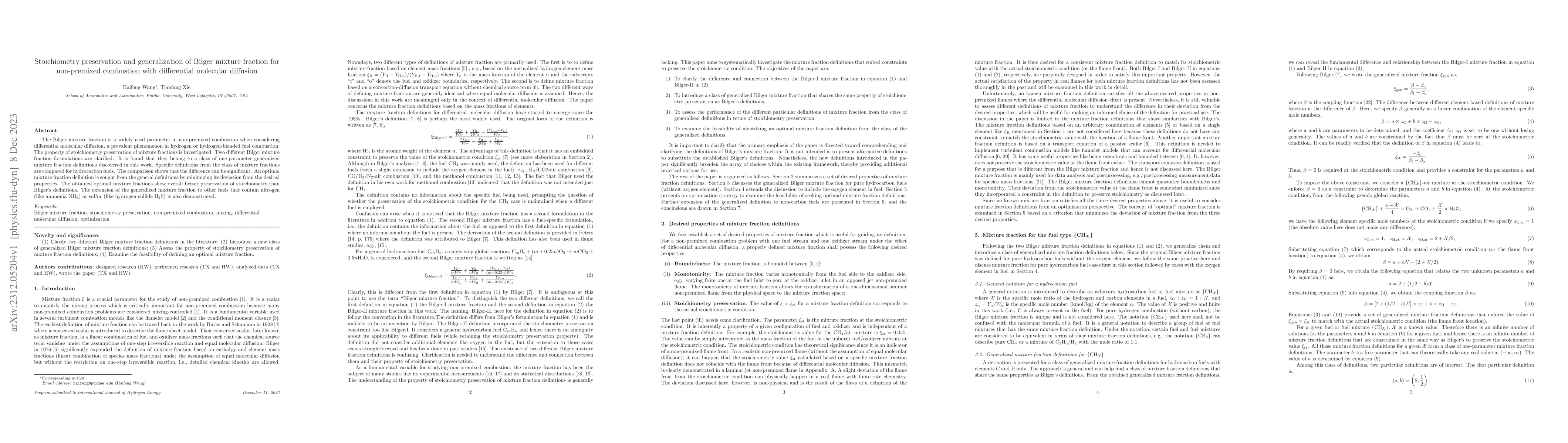 Thumbnail for Stoichiometry preservation and generalization of Bilger mixture fraction
  for non-premixed combustion with differential molecular diffusion