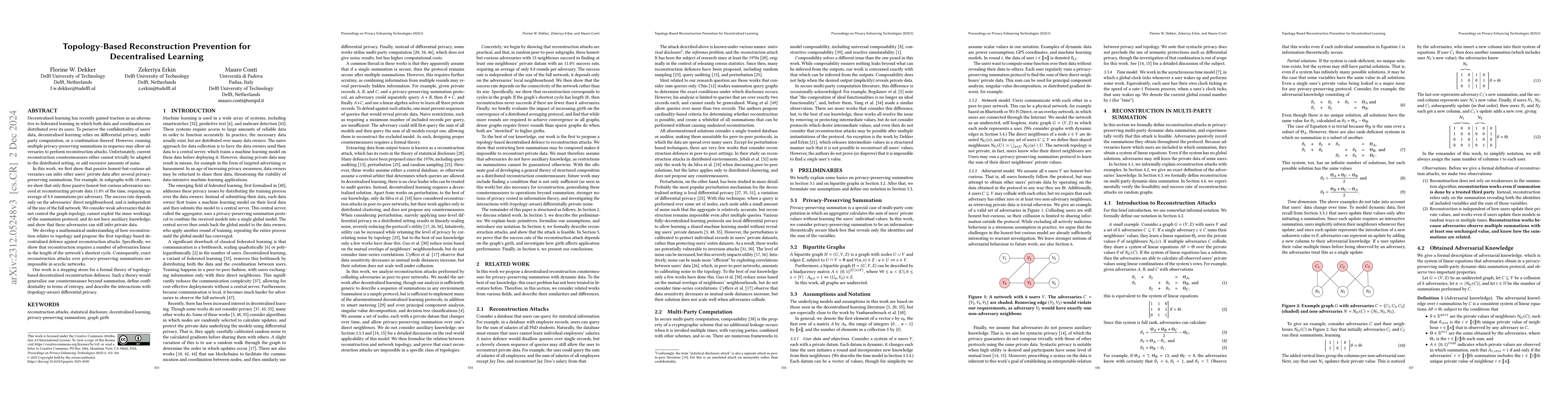 Thumbnail for Topology-Based Reconstruction Prevention for Decentralised Learning
