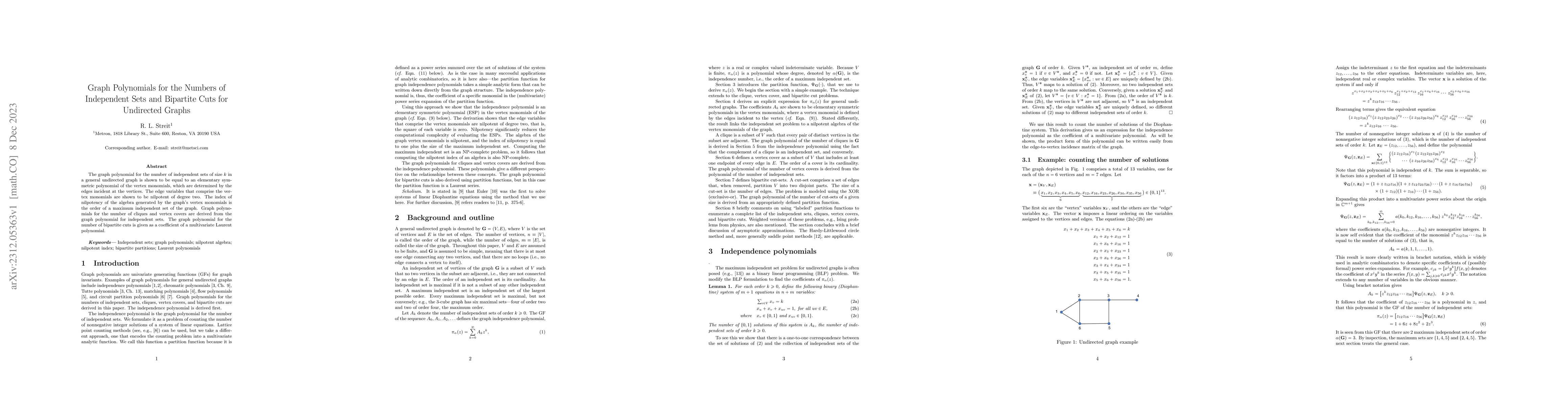 Thumbnail for Graph Polynomials for the Numbers of Independent Sets and Bipartite Cuts
  for Undirected Graphs
