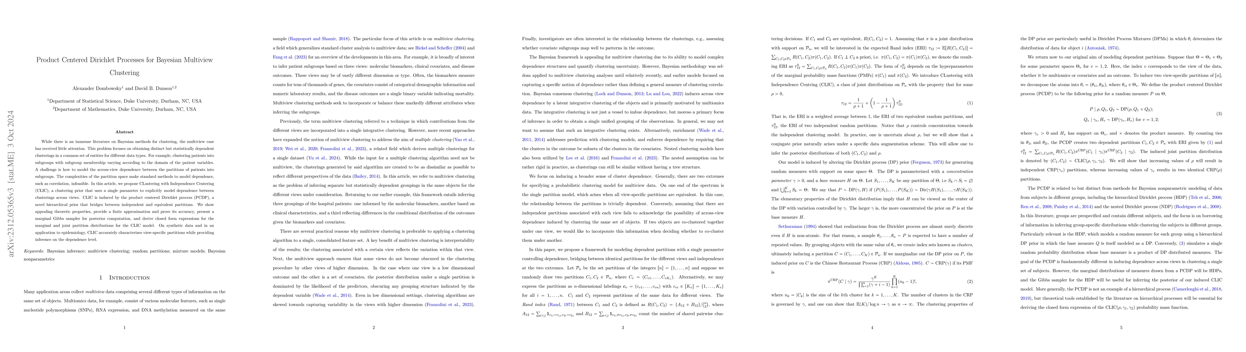Thumbnail for Product Centered Dirichlet Processes for Dependent Clustering