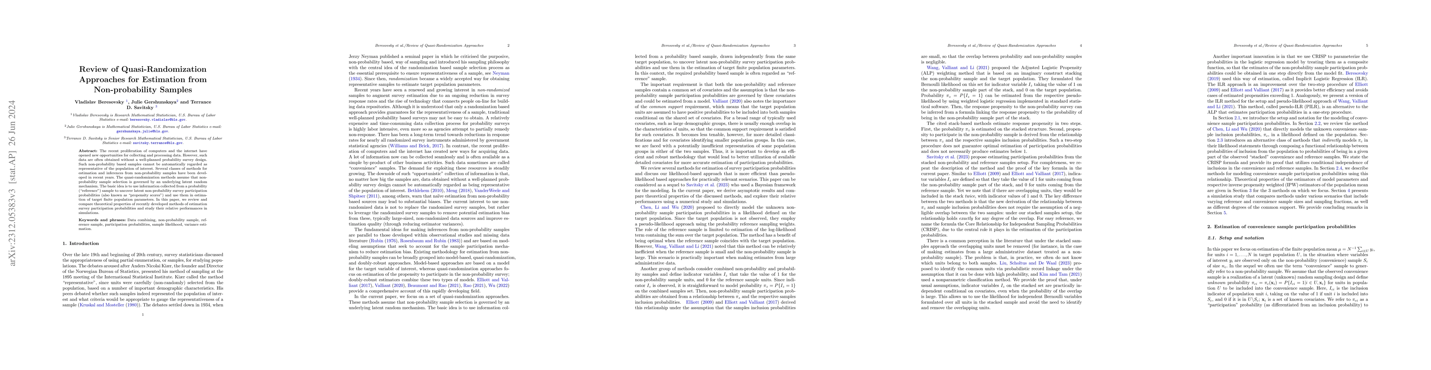Thumbnail for Review of Quasi-Randomization Approaches for Estimation from
  Non-probability Samples