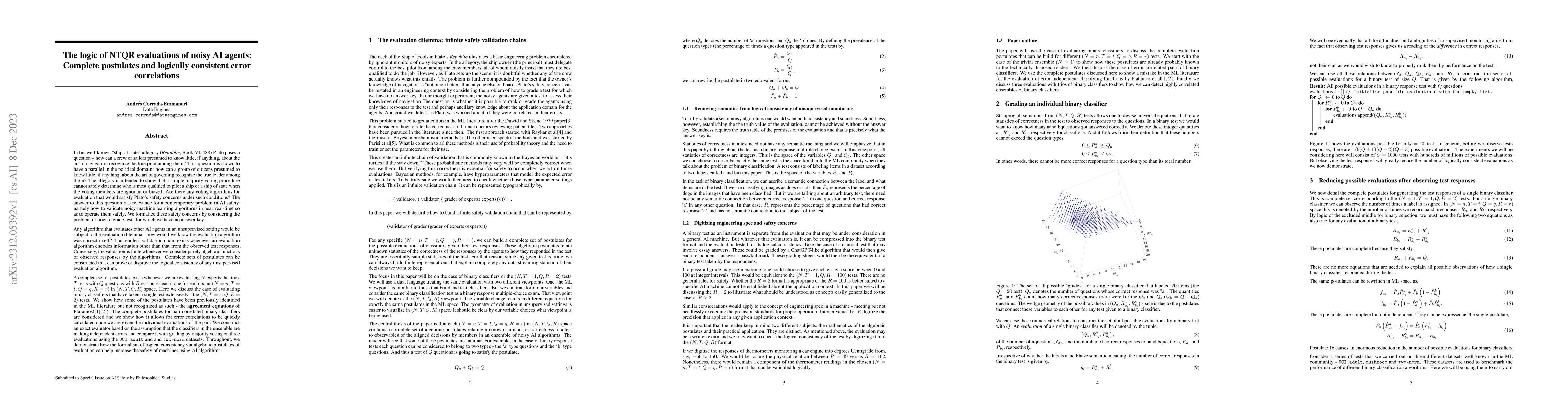 Thumbnail for The logic of NTQR evaluations of noisy AI agents: Complete postulates
  and logically consistent error correlations