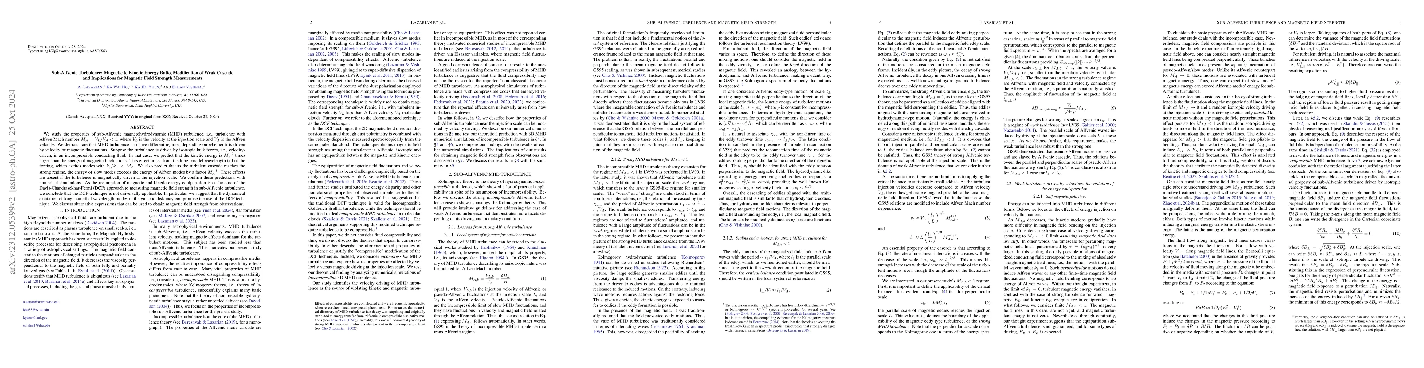 Thumbnail for Sub-Alfvenic Turbulence: Magnetic to Kinetic Energy Ratio, Modification
  of Weak Cascade and Implications for Magnetic Field Strength Measurement