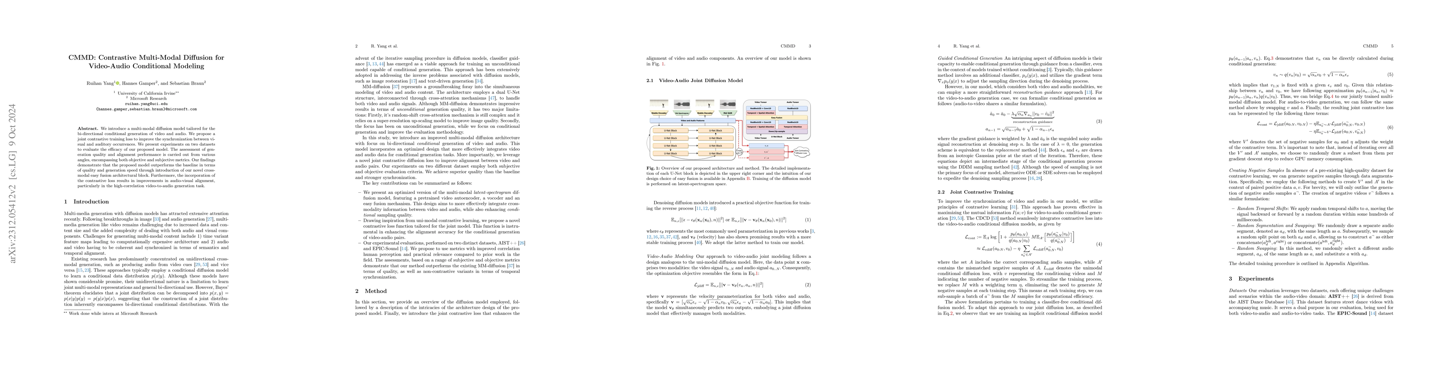 Thumbnail for CMMD: Contrastive Multi-Modal Diffusion for Video-Audio Conditional
  Modeling