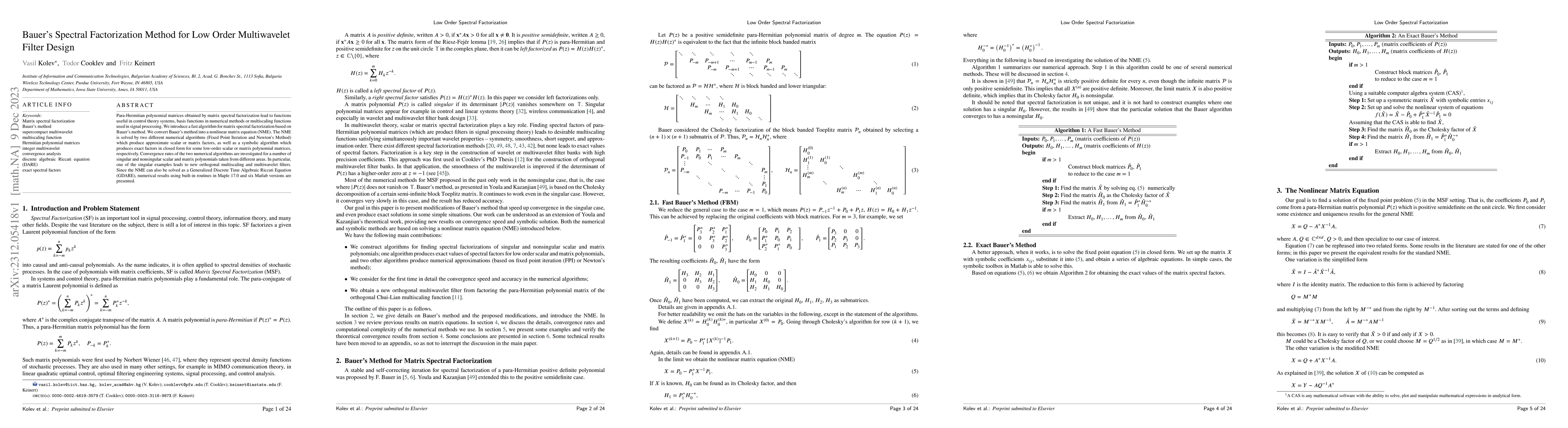 Thumbnail for Bauer's Spectral Factorization Method for Low Order Multiwavelet Filter
  Design