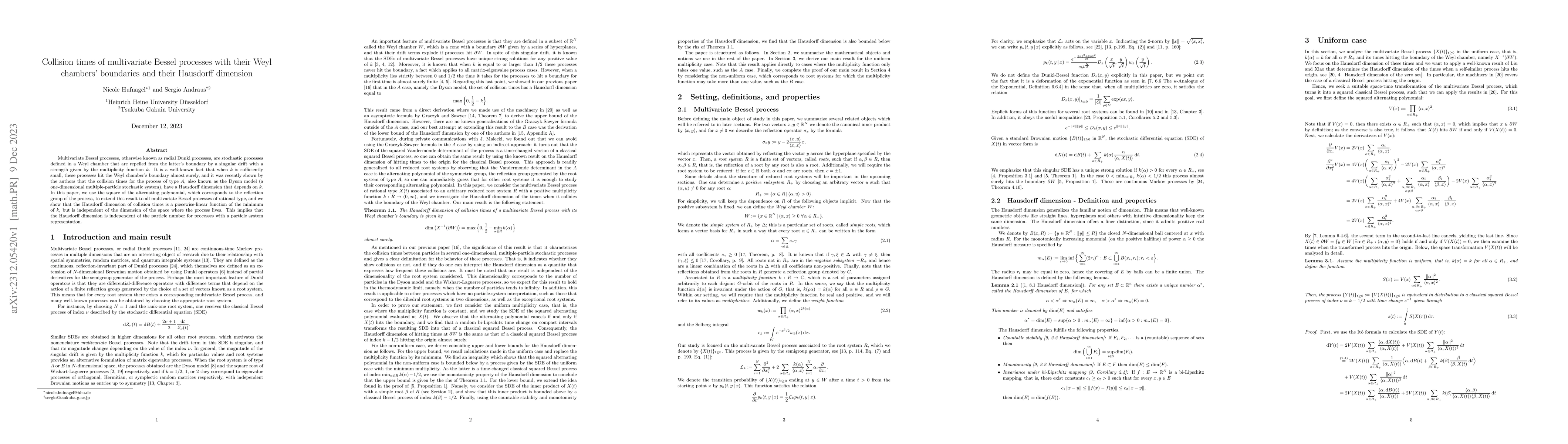 Thumbnail for Collision times of multivariate Bessel processes with their Weyl
  chambers' boundaries and their Hausdorff dimension