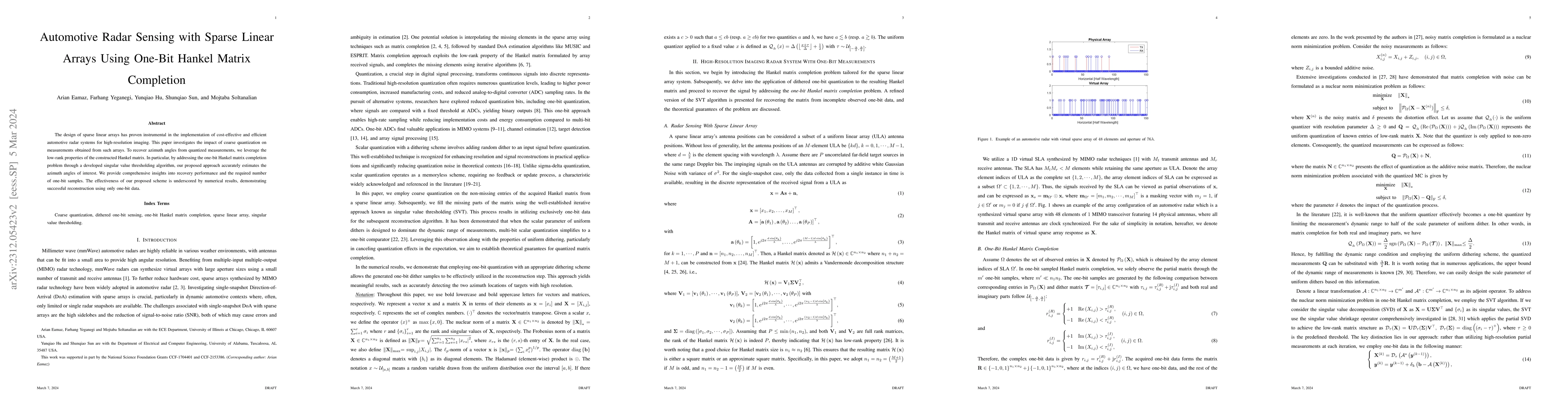 Thumbnail for Automotive Radar Sensing with Sparse Linear Arrays Using One-Bit Hankel
  Matrix Completion