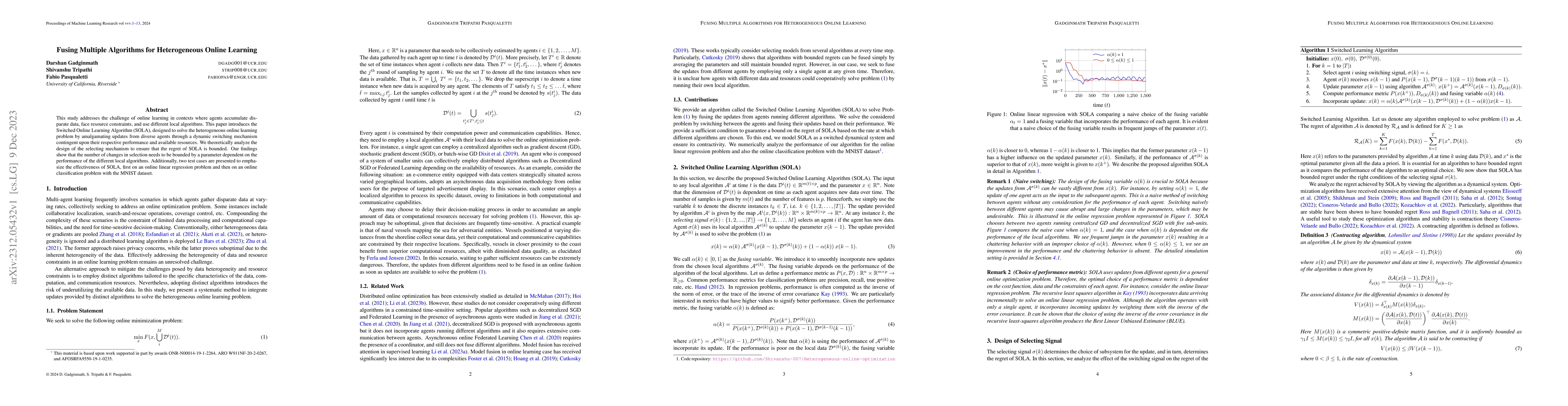Thumbnail for Fusing Multiple Algorithms for Heterogeneous Online Learning
