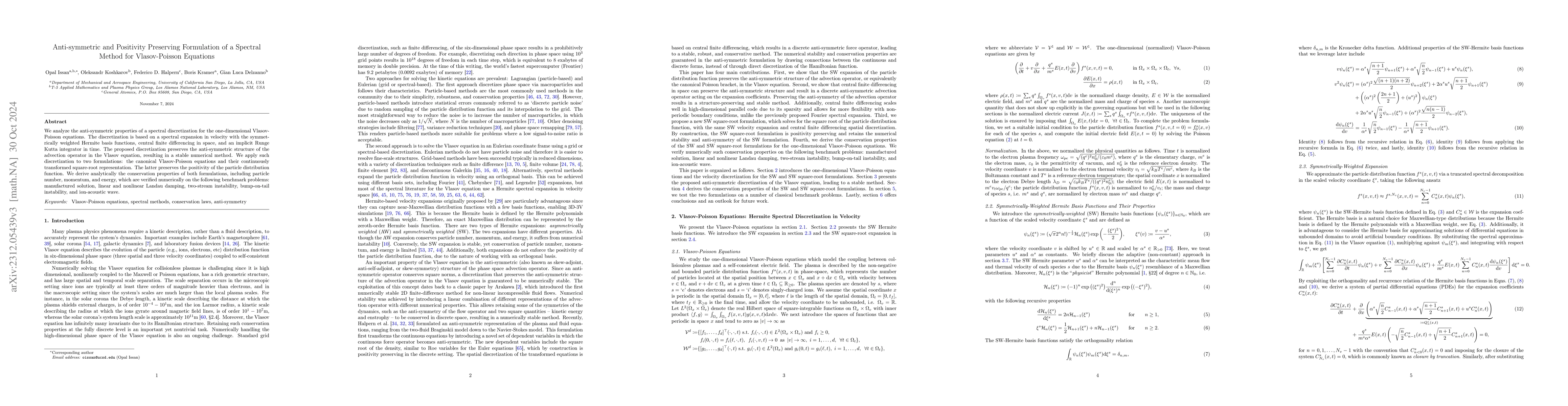 Thumbnail for Anti-symmetric and Positivity Preserving Formulation of a Spectral
  Method for Vlasov-Poisson Equations