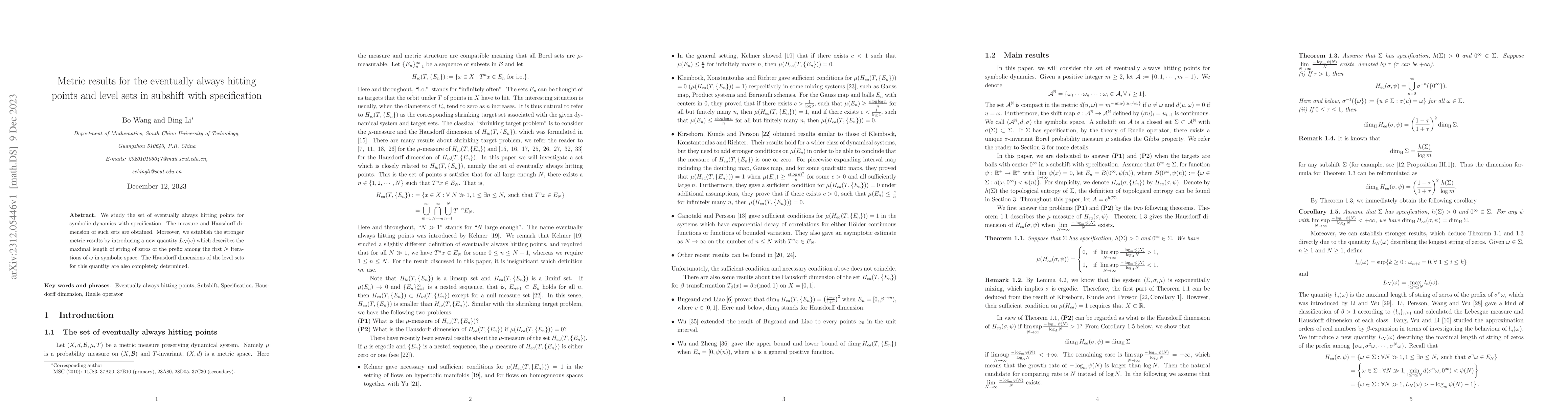 Thumbnail for Metric results for the eventually always hitting points and level sets
  in subshift with specification
