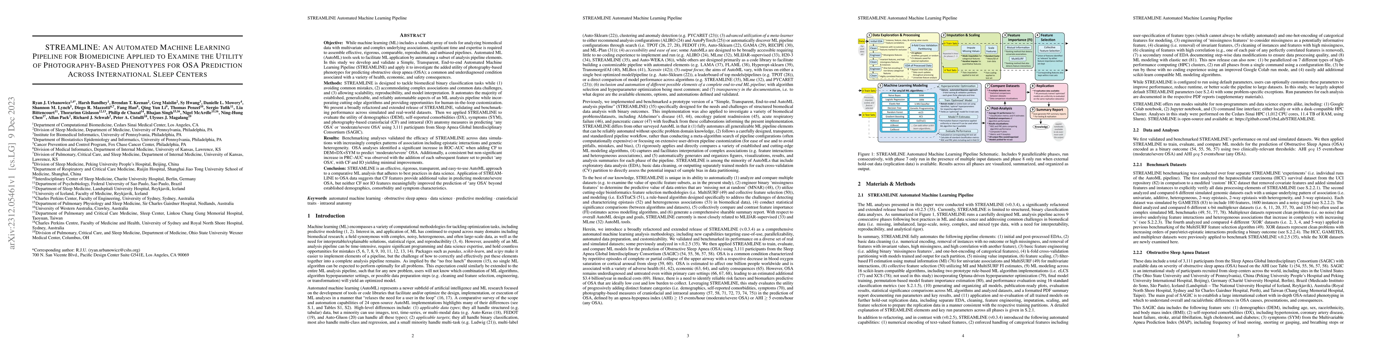 Thumbnail for STREAMLINE: An Automated Machine Learning Pipeline for Biomedicine
  Applied to Examine the Utility of Photography-Based Phenotypes for OSA
  Prediction Across International Sleep Centers