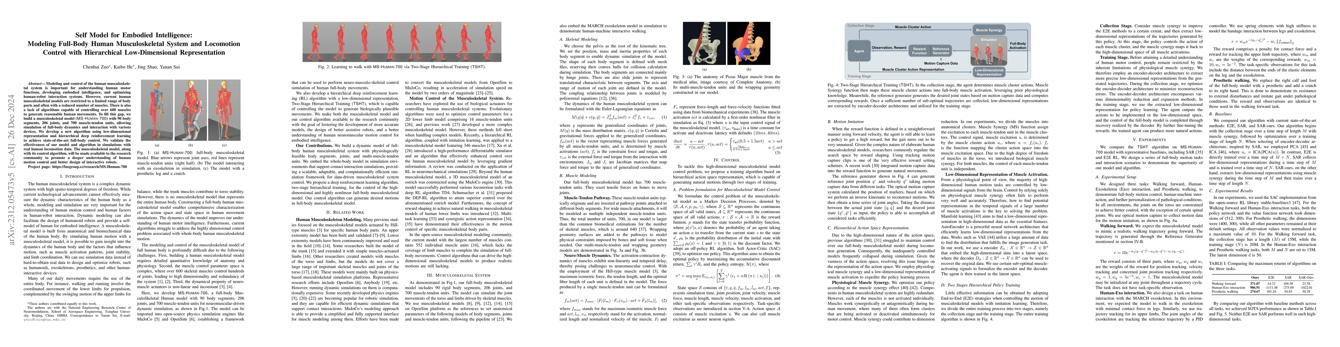 Thumbnail for Self Model for Embodied Intelligence: Modeling Full-Body Human
  Musculoskeletal System and Locomotion Control with Hierarchical
  Low-Dimensional Representation