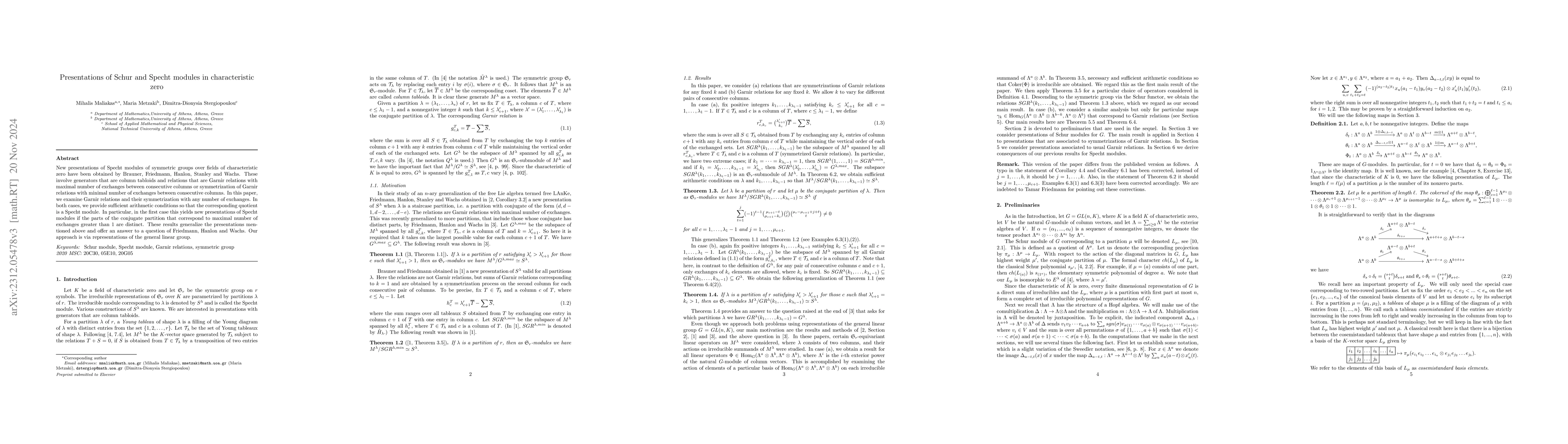 Thumbnail for Presentations of Schur and Specht modules in characteristic zero