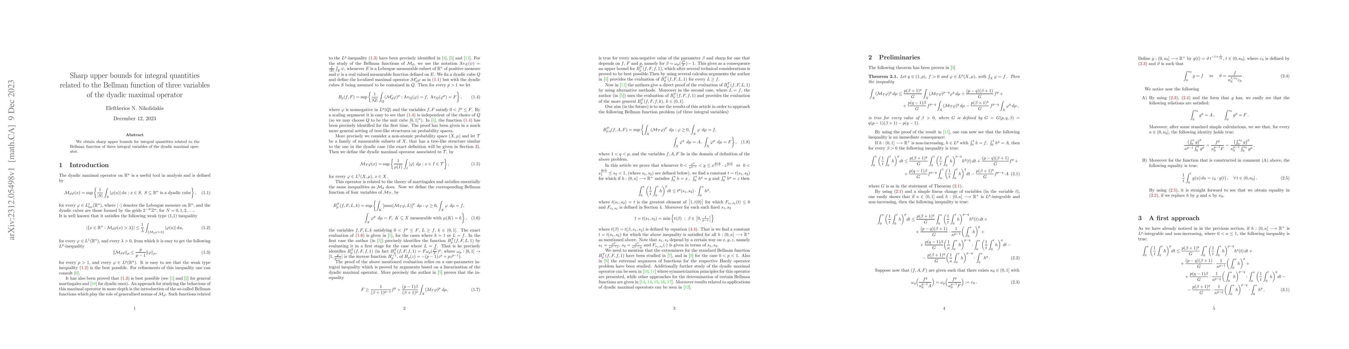 Thumbnail for Sharp upper bounds for integral quantities related to the Bellman
  function of three variables of the dyadic maximal operator