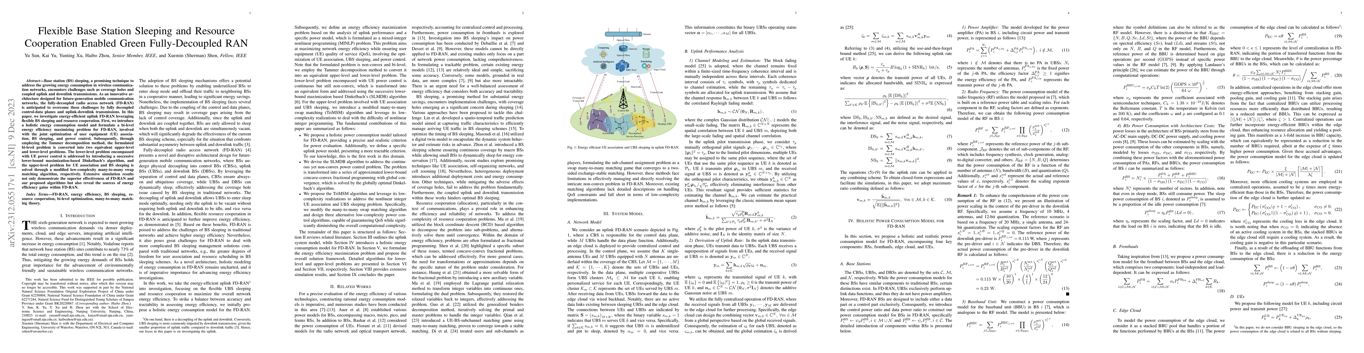 Thumbnail for Flexible Base Station Sleeping and Resource Cooperation Enabled Green
  Fully-Decoupled RAN
